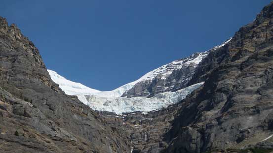 Through a gap we could see the upper S. Face of Mt. Robson way up high