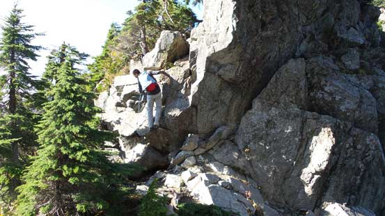 Vlad down-climbing into the notch