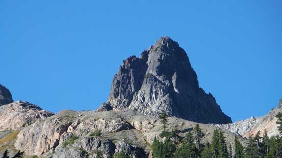 A zoomed-in shot of The Copilot - my route goes up the obvious gully