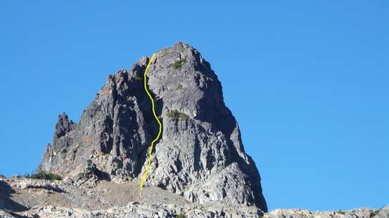The NE Gully of The Copilot and my ascent line roughly shown