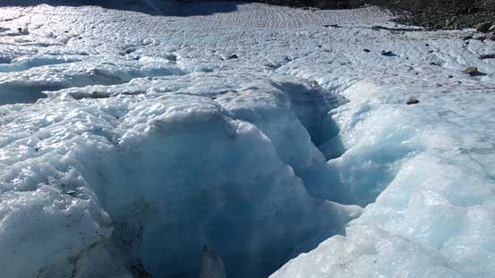 There're a few crevasses and melt holes on this glacier