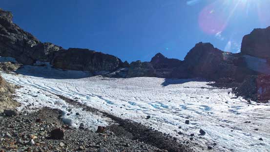 A review shot of Stadium Glacier. Route goes up climber's right beside the debris