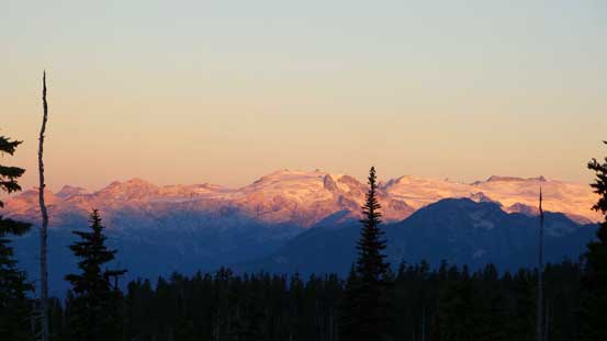 Alpenglow on peaks across the Highway