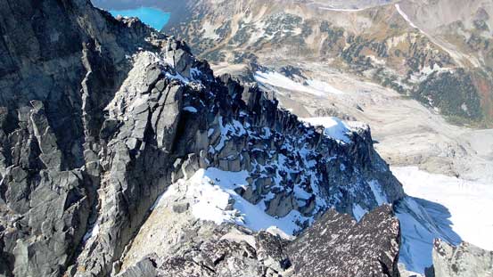 Partway up the true summit, looking back to the col