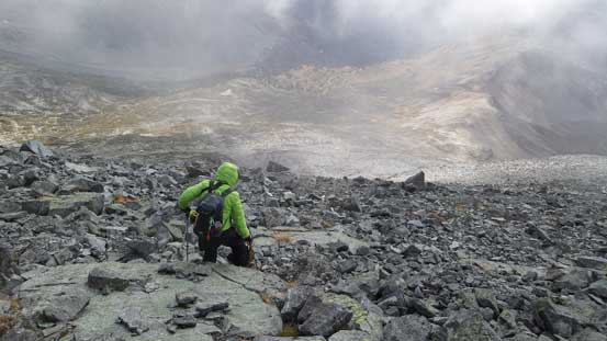 Brian descending on the endless boulders