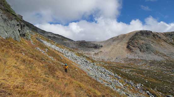 Gordon side-hilling across the grassy meadows