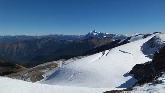 Looking over a small glacier towards Mt. Shuksan behind.