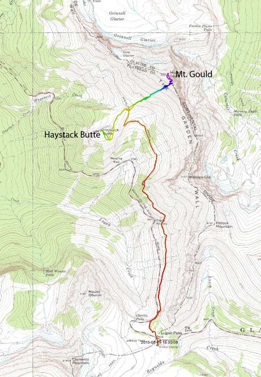 Ascent routes for Mt. Gould and Haystack Butte