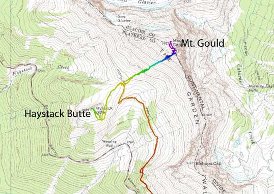 Ascent routes for Mt. Gould and Haystack Butte