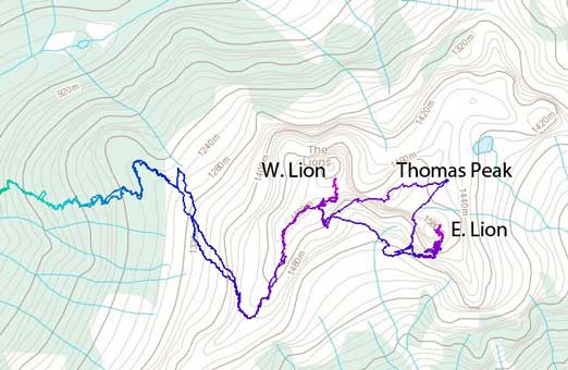 West Lion, East Lion and Thomas Peak on a topo map