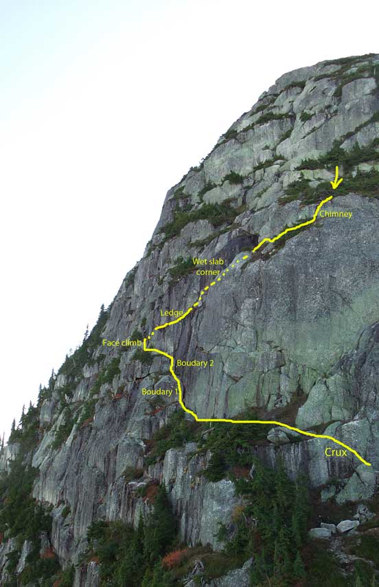 Our rough route up the lower half of the NNW Face