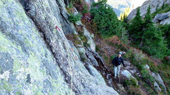 Vlad ready to climb up the crux (also the Pitch 1 of Escape Velocity route)