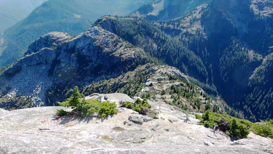 Looking down the steep SE Ridge, and the connecting ridge towards Sky Pilot