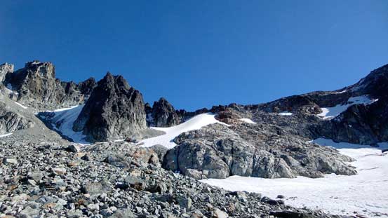 The first glacier on right; second glacier up high at middle