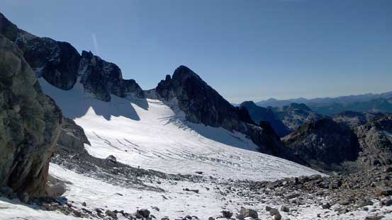 Looking across the crevassed lower glacier