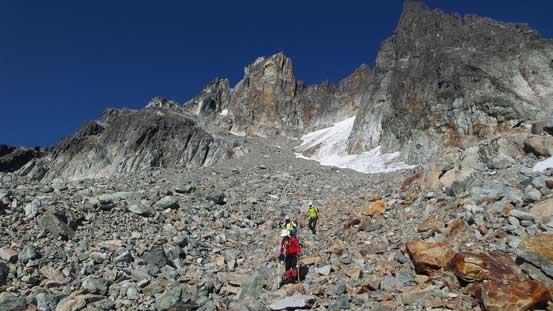 Onto the loose and tedious talus slopes...