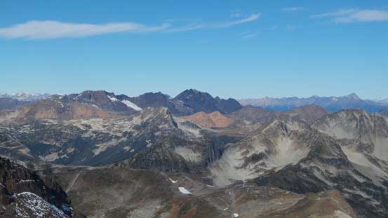 Looking towards the upper Phelix Creek area. Mt. Aragorn is the dark peak