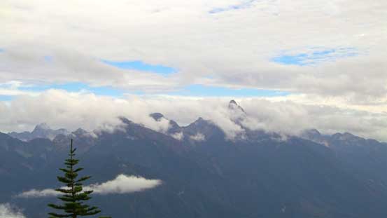 The pointy Slesse Mountain in the clouds