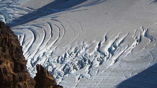 The heavily crevassed glacier below South Twin