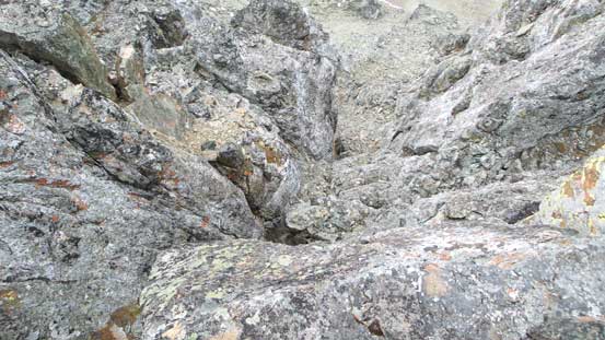 Looking down at the crux chimney that I just climbed up