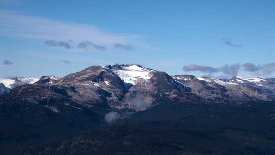 A closer look at Rainbow Mountain across the valley