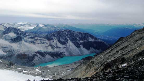 A view looking down towards Wedgemount Lake