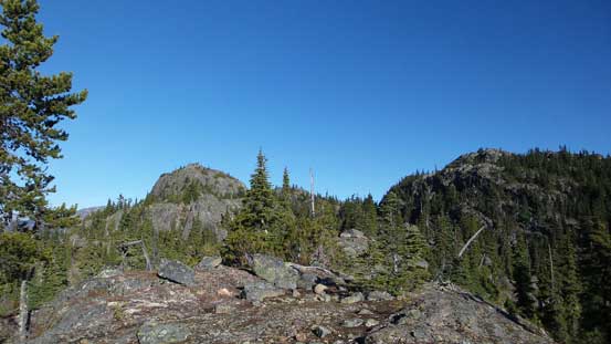 The twin summits ahead. True summit on right