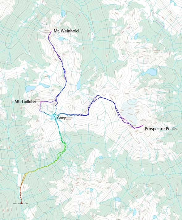 Scramble routes for Mt. Weinhold, Mt. Taillefer and Prospector Peaks