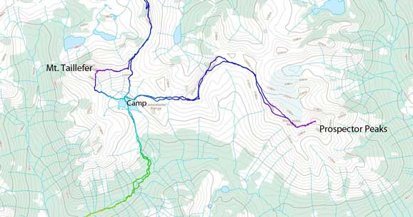 Scramble route for Mt. Taillefer and Prospector Peaks