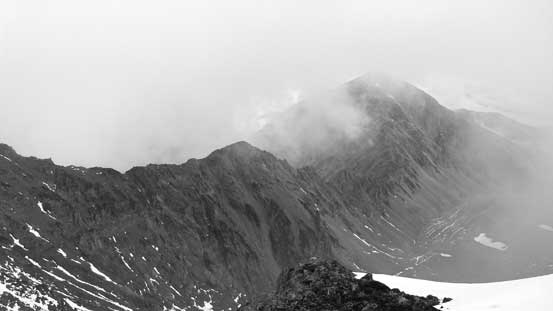 One last look at Ostinato Peak before entering the clouds again