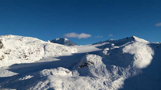 The upper stretch of Helm Glacier. Castle Towers looms behind