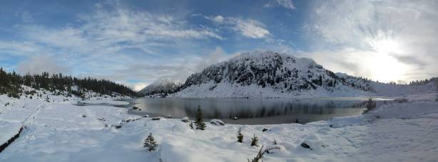 Panorama of Rainbow Lake and Gin Peak. Click to view large size.