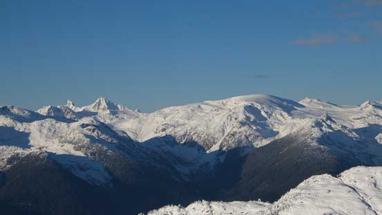 Mt. Cayley is the striking one on left; Powder Mountain is the "snow dome"