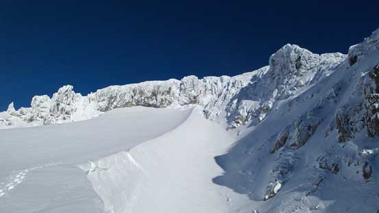 Arriving at that wind scoop, looking up the snow arete