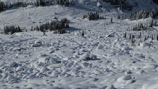 Negotiating that partially covered boulder fields required caution