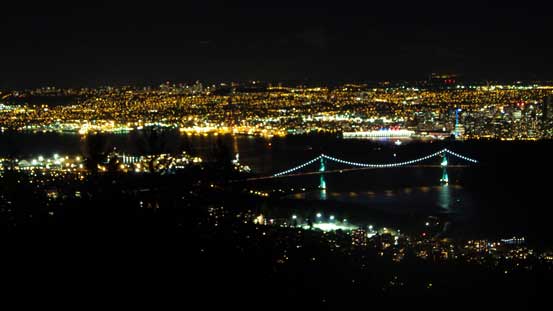 Night scenery towards Lions Gate Bridge and Vancouver