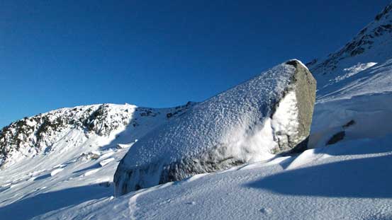 One of the boulders here, coated by a layer of rime