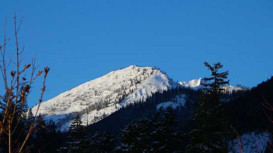 Our first glimpse of Claimstake Mountain. We ascended up from right and descended the face