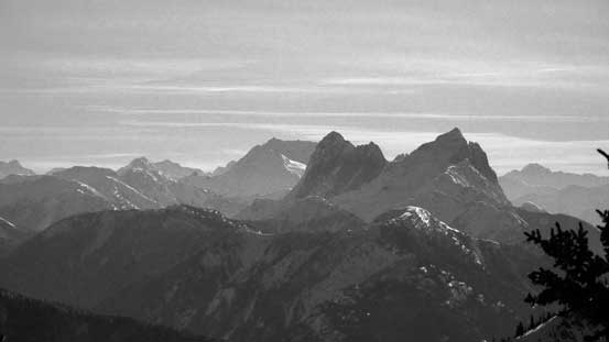 The double-summit of Hozomeen Mountain with the bulky Jack Mountain behind