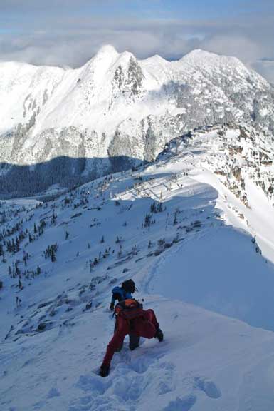 Ben and I down-climbing towards the crux. Photo by Alex