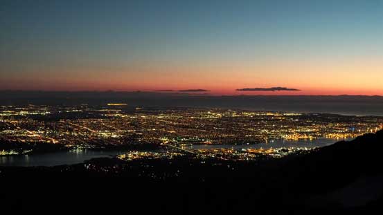 Vancouver in early evening. Most of the lights are on already