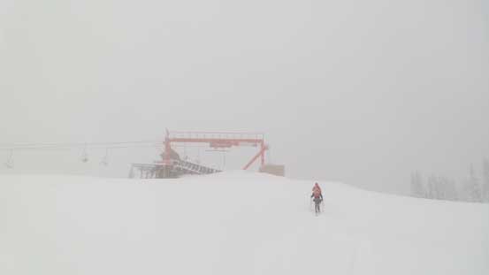 Approaching the top of the chairlift in a blizzard