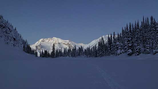 Partway across Rohr Lake, looking back towards Cayoosh Mountain. It's getting brighter now