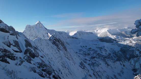 Looking across towards Needle Peak and the steep country around here