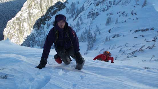 Alex and Ben coming up the short, but steep snow band