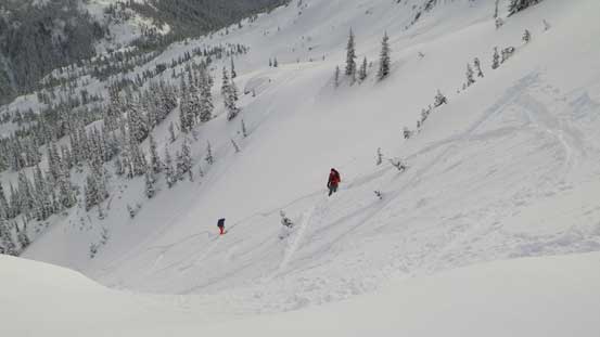 Ben and Alin skinning up the steep switchbacks