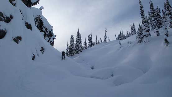 Alex leading up the steep terrain near Long Peak's outflow