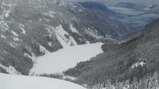 A view looking down at Lizzie Lake from the undulating ridge