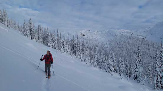 Traversing along the east slopes of Shields Peak