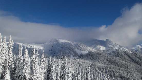 Finished the S. Face descent, looking across towards Long Peak (in the clouds)